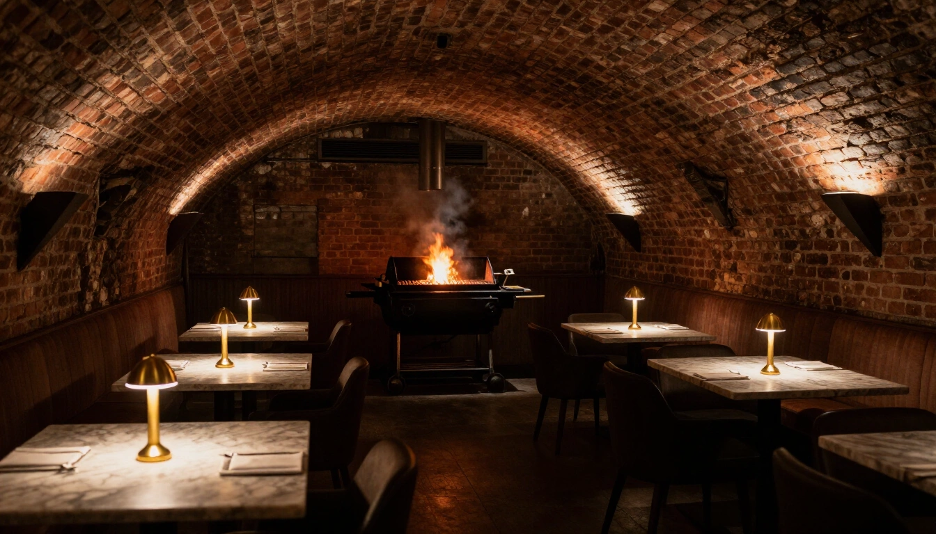 Basement chophouse dining room with a charcoal grill glowing at the open pass