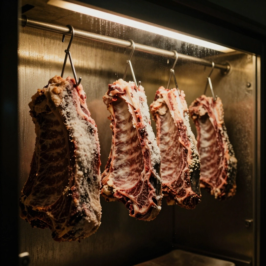 Beef ribs hanging on steel hooks in the dry-ageing room