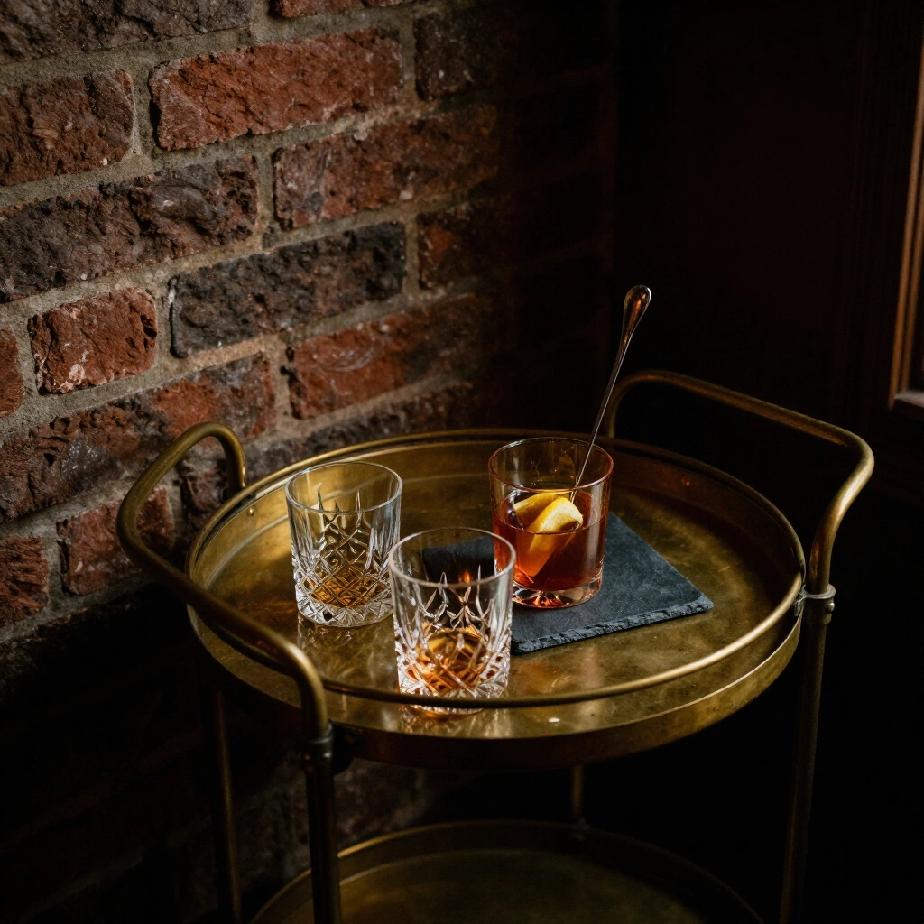 Brass cocktail trolley with cut-glass tumblers in a dim corner of the bar