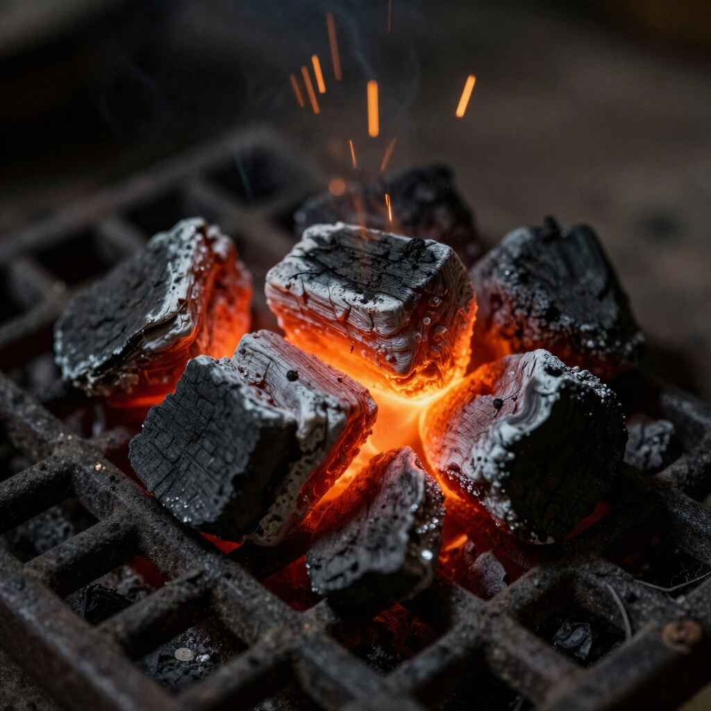 Close view of white-hot lump charcoal and sparks rising through iron grate bars