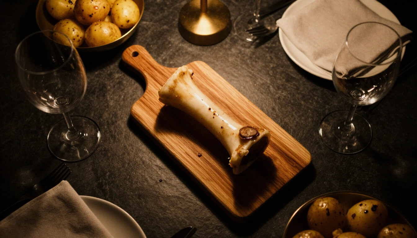 Overhead view of a full table mid service with a chop board, bone marrow and dripping potatoes