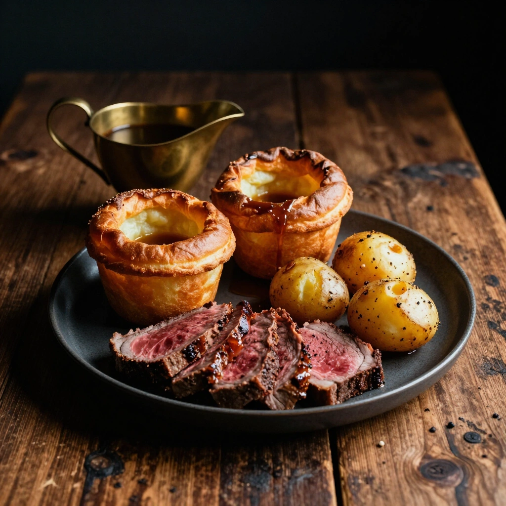 Sunday roast platter with sliced rare beef, Yorkshire puddings and a gravy jug
