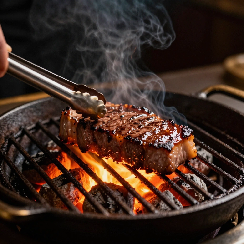 Thick beef chop searing over lump charcoal on cast-iron grill bars